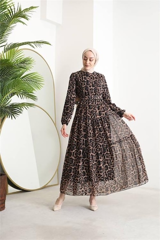 Neşeli Butik Kadın Kemerli Leopar Desenli Tesettür Şifon Elbise Sms014 Siyah