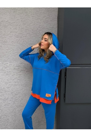 Modasize Kadın Indigo Kapşonlu Etek Ucu Detay Arma Ters Dikiş Gorunumlu Ikili Takım Mavi