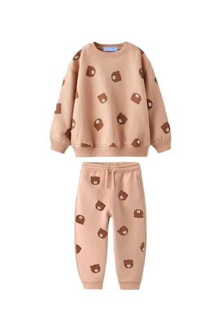 Unisex Çocuk Kahve Tonlu Mini Ayıcık Emoji Baskılı Sweatshirt Eşofman Alt Üst Takım 3 İplik Açık Kahve Açık Kahverengi