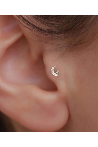 14 Ayar Altın Taşlı Ay Yıldız Tragus Piercing Sarı Altın