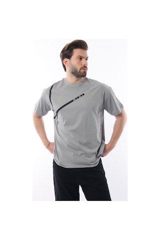 Madmext Boyalı Gri Bisiklet Yaka Şerit Detaylı Pamuklu Erkek T-shirt E7033 Gri