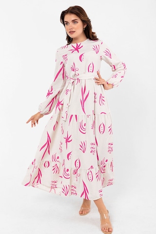 Desenli Yazlık Baharlık Keten Elbise 2103 Pembe