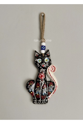 Otantik Çini Desenli Nazar Boncuklu Seramik Kedi Duvar Süsü Kabartma Çiçek Desenli