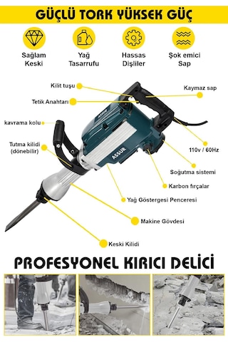 Assur Büyük Tip Kırıcı Hilti KaVrama Kollu 16 Kg 3 Metre Kablolu Çantalı 65mm - 1789