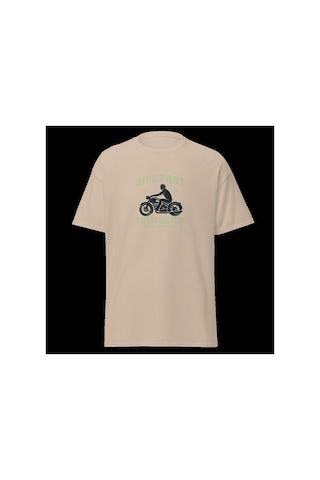 Wildstyle Ride Fast Caferacer Club Motosiklet Vintage Cafe Baskılı Unisex Bisiklet Yaka Pamuklu Tişört - Camel