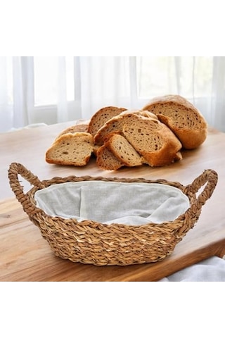 El Yapımı Doğal Hasır Kulplu Çok Amaçlı Dekoratif Oval Sepet, Hasır Kulplu Ekmek Sepeti 27x18x8 Cm Çok Renkli