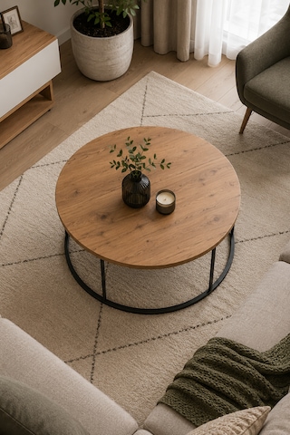 Reyo Falez Terra Lüx Ceviz Yuvarlak Orta Sehpa Modern Metal Ayaklı Salon Ve Oturma Odası Sehpası 70 Cm