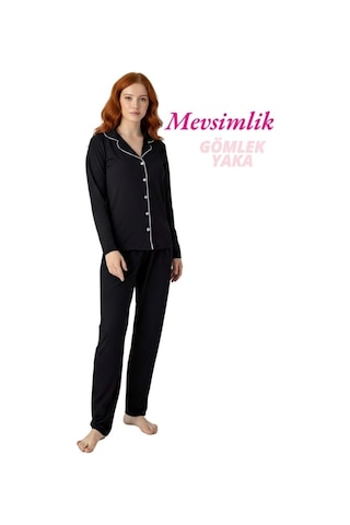 Guava Kadın Desenli Slim Fit Gömlek Yaka Önden Düğmeli Dar Kalıp Mevsimlik Uzun Kollu Pijama Takımı Siyah