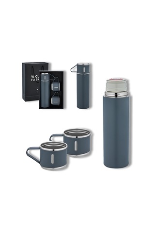 Bk Gift Paslanmaz Çelik 500ml 3 Bardaklı Sızdırmaz Termos Seti-gri, Vakumlu Termos Set