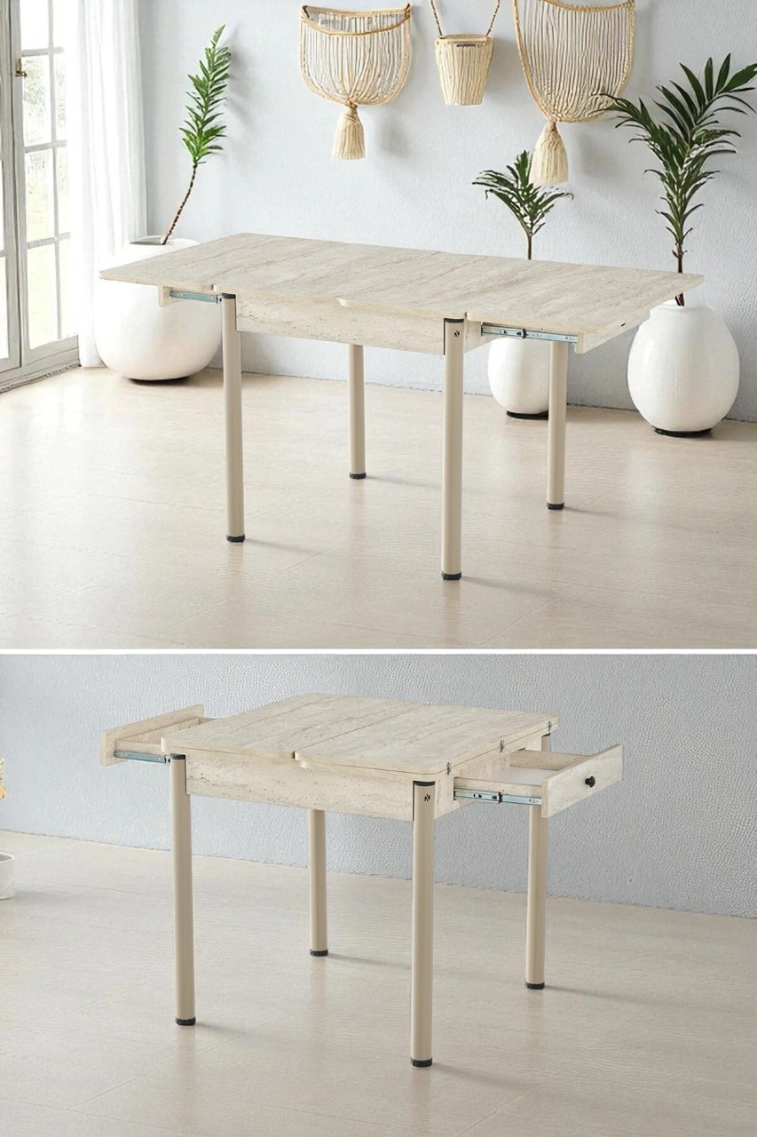 Dengema Neva Açılır Kapanır Mutfak Masası Traverten Desen, Kapuçino Ayak, 80x80/160 Cm Traverten