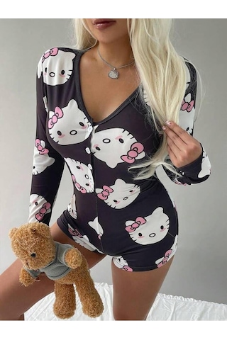 Avastyle Pamuklu Siyah Hello Kitty Desenli Düğmeli Uzun Kol Tulum Pijama Ava Çok Renkli