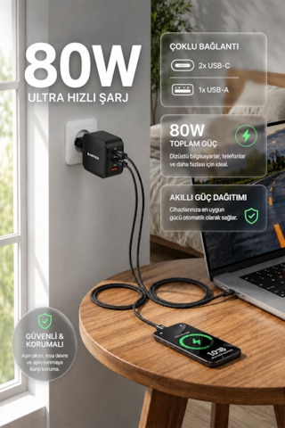 80w Üç Portlu Usb-c Girişli Akıllı Hızlı Şarj Adaptörü