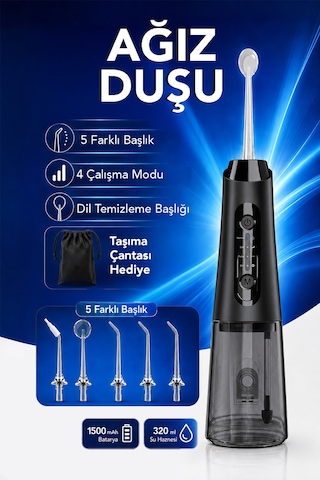 Şarjlı Ağız Duşu - 320ml Su Hazneli 5 Başlık 4 Çalışma Modlu Su Geçirmez Ağız Diş Dil Temizleyici Siyah