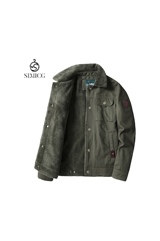 Yıkanmış Pamuklu Kalınlaştırılmış Günlük Moda Yaka Erkek Ceket Yeşil