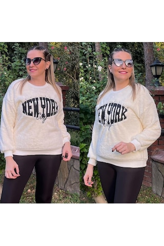 Welsoft New York Nakışlı Beyaz Peluş Sweatshirt Yazısı Siyah Ekru - Siyah