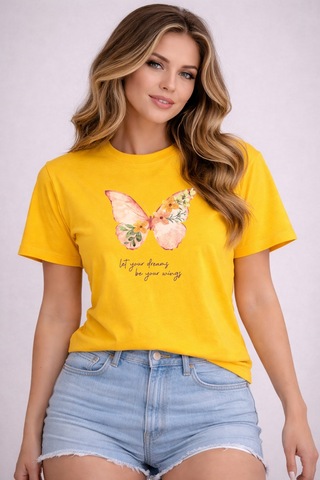 Herkesemoda Kelebek Baskı Detaylı Basic T-shirt Sarı