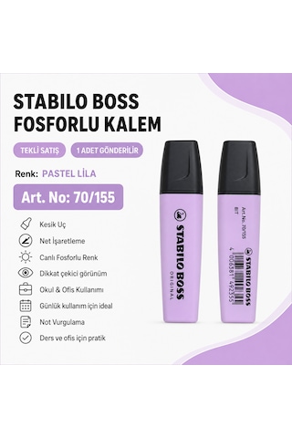 Boss Fosforlu Kalem 1 Adet Metin İşaretleme Kalemi Pastel Lila