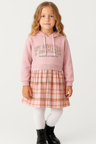 Kız Çocuk Sweatshirt Görünümlü Ekose Desenli Elbise-1710-p- Pembe