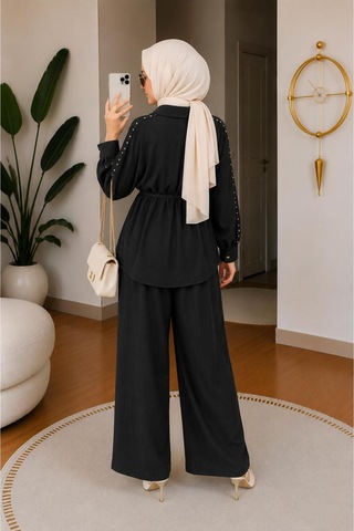 Hira Life Fashion Kadın Kolu Taş Detaylı Bel Bağlamalı Salaş Keten Gömlek Pantolon İki 'li Şık Takım Siyah Siyah