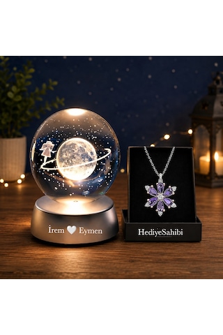 Kişiye Özel Satürn Işıklı Cam Küre 8cm 6cm Lotus Kamelya Çiçeği Kolye Hediyeli
