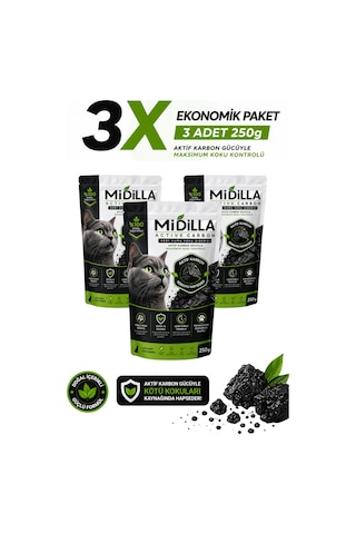Midilla Active Carbon Kedi Kumu Koku Giderici 3 X 250 G %100 Gerçek Aktif Karbon Toplam 750 G