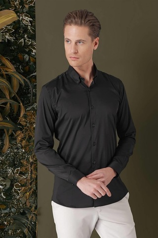Efor Slim Fit Düğmeli Yaka Esnek Pamuk Klasik Siyah Gömlek Gk 708 Siyah
