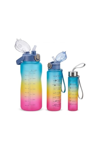 3'lü Motivasyonel Matara Seti, İç İçe Geçebilir Tasarım, 2000ml, 900ml Ve 300ml, Gradyan Renk Seçenekleri, Sticker Ve Pipet Hediyeli Gece Yarısı 0