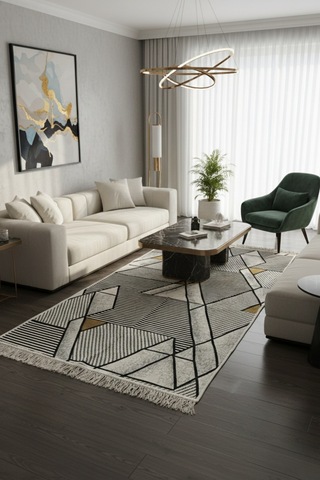 Modern Geometrik Desenli Çift Taraflı İnce Hafif Makinede Yıkanabilir Kilim Renkli