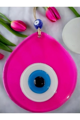 Orta Boy Şeffaf Pembe Damla Desen Nazar Boncuklu Duvar Dekoru Cam