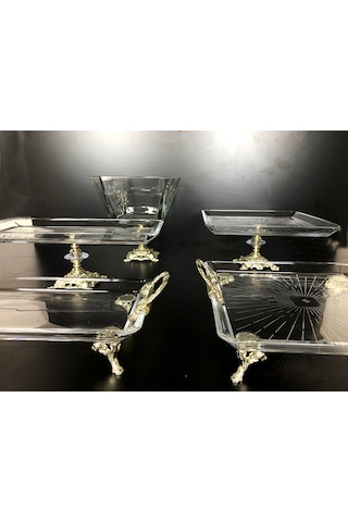Alfafe Home 5 Parça Gümüş Döküm Ayaklı Sunumluk Set Pasta Kurabiye Tatlı Servis Tabağı Gümüş