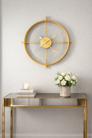 MetaQuartz Aksesuar (Büyük Boy-55*55cm) Gold Çiftçember Seri -modern Dekoratif Camlı Metal Saat Altın