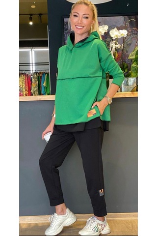 Kadın Yeşil Kapşonlu Etek Ucu Detay Arma Ikili Takım Yeşil