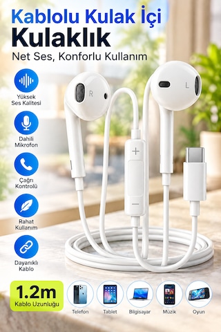 Usb-c Type-c Kablolu Kulak İçi Kulaklık Mikrofonlu, Çağrı Kontrollü, Yüksek Ses Kalitesi, 1.2 Metre Kablo Kablolu Kulakiçi