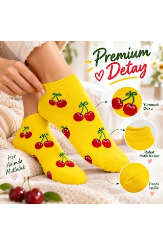 Womanandkids Wak Kadın Kiraz 12'li Desenli Patik Çorap Sarı Pamuklu Dikişsiz Sneaker Uyumlu Eğlenceli Günlük Set Çok Renkli
