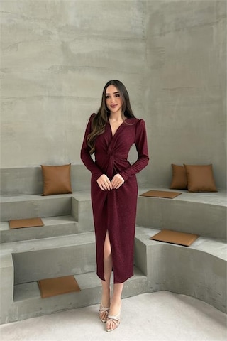 Neşeli Butik Kadın Bordo Anvelop Büzgülü Simli Premium Midi Elbise Nbelb08 Bordo