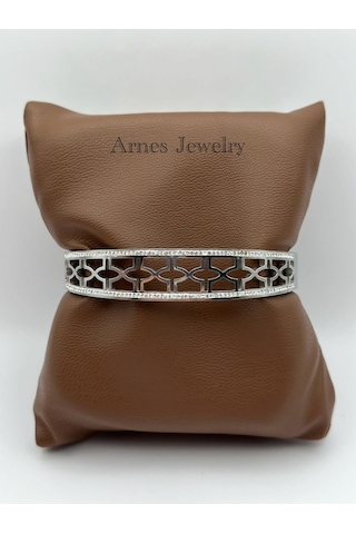 Arnes Jewelry Çelik Silver Zirkon Taşlı Kelepçe Bileklik Ar14 Silver
