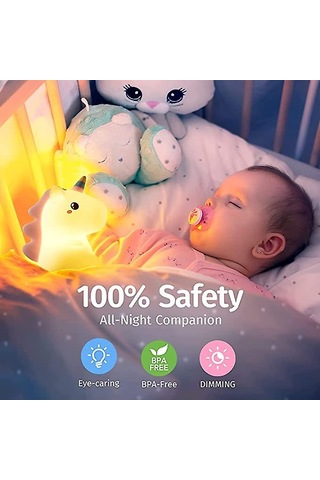 Tekboynuz Gece Lambası, Çocuklar İçin 7 Renkli Gece Lambası Bebek Led, Kızlar Erkekler Yetişkinler İçin Şarj Edilebilir Gece Lambası, Dokunmatik Ekranlı Çocuk Gece Lambası Silikon, Lu Diğer