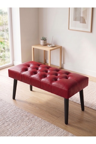 Modern Kapitoneli Kırmızı Deri Kumaş Bench Puf Oturma Bankı Ahşap Siyah Ayaklı Demonte 90x45