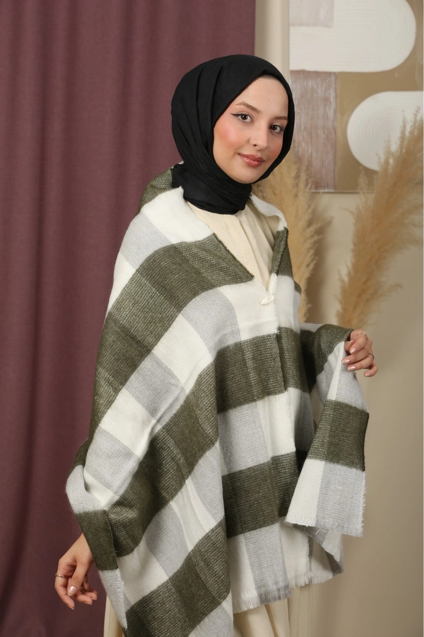 Çift Taraflı Çizgili Kışlık Omuz Şalı Yeşil - Beyaz