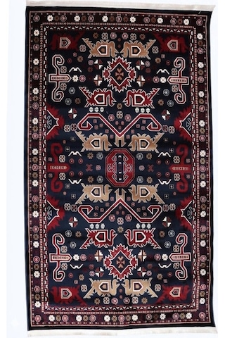 Nakış Serisi Lacivert Kırmızı Etnik Motifli Şık Salon Halısı Af314 Navy Çok Renkli