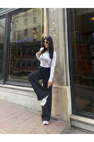 Out Of Standart Kadın Wide-leg Kalıp Beli Lastikli Kordon Detaylı Eşofman Altı Siyah