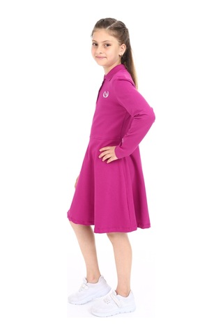 Toontoy Kız Çocuk Polo Yaka Çıtçıtlı Göğsü Baskılı Elbise Mürdüm