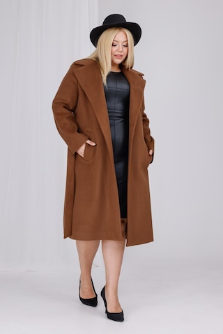 Kadın Kahve Yün Kaşe Kemer Ve Astar Detay Büyük Beden Kaban Kahverengi