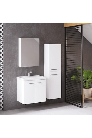 Denko Terra 60 Cm Mdf Beyaz Banyo Dolabı Takımı + Boy Dolabı Beyaz