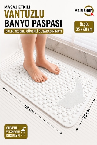 Mainshop 1 Adet Vantuzlu Banyo Ve Duş Kaydırmazı Duşa Kabin Küvet Içi Paspası Balık Desenli 35 X 68 Cm M-10 Beyaz