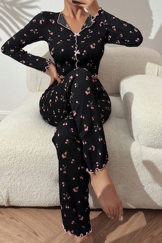 Merry See Baskılı Özel Kumaş Pijama Takımı Siyah