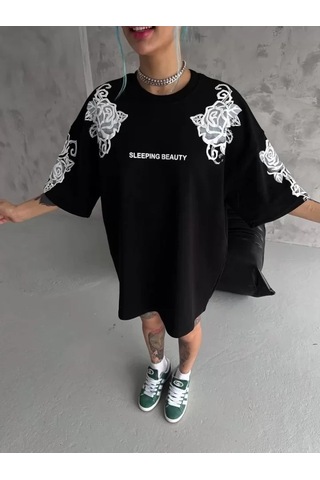 Vexor Unisex Flok Kabartma Baskılı T-shirt - Siyah