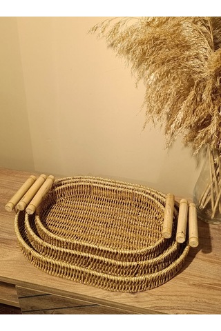 3lü Hasır Rattan Bambu Kulplu Örme Tepsi Organizer Diğer