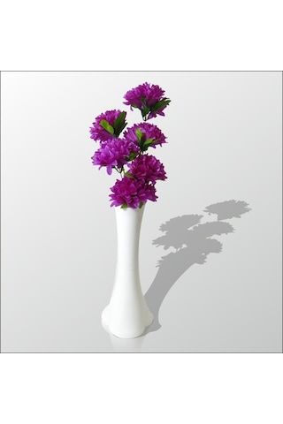 Uzun Fil Ayağı 40 Cm Akrilik Beyaz Vazo Mor Çiçekler