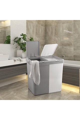 3'lü Banyo Seti Çamaşır Sepeti Katlanır Kova Katlanır Maşrapa Bpa Free Beyaz - Gri